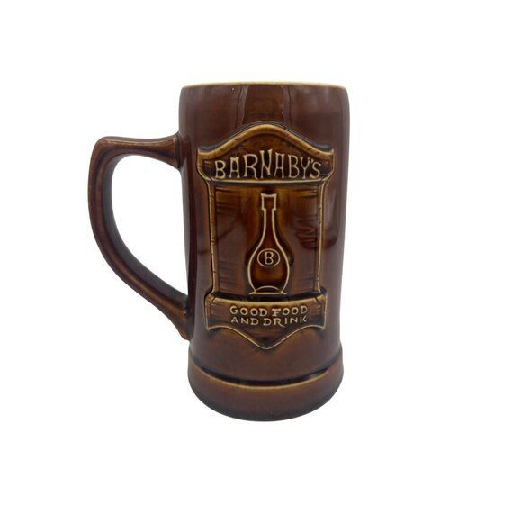 Barnabys Good Food & Drink Embossed Ceramic Stein Hall USA Brown Glaze Vintage - Picture 1 of 6